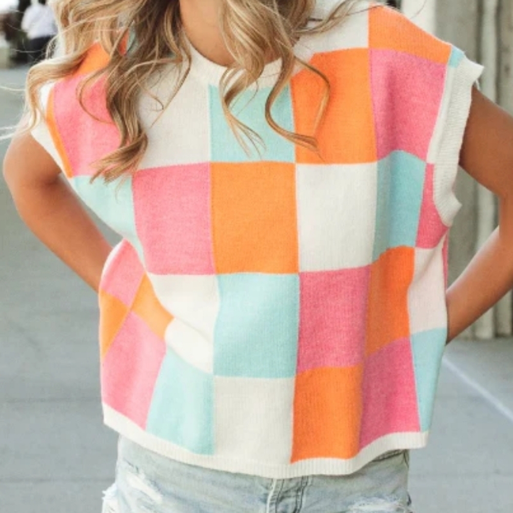 BiBi Colorful Checkered Sweater - Orange, Blue, Pink, White - Picture 2 of 5